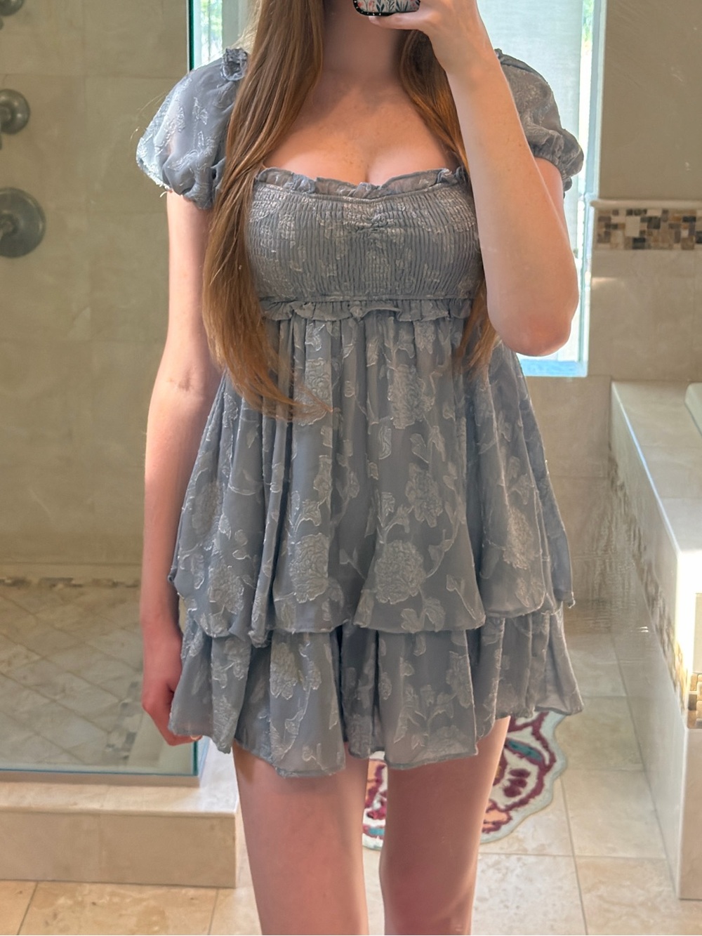 Altar'd State Dusty Blue Puff Sleeve Smocked Mini Dress
